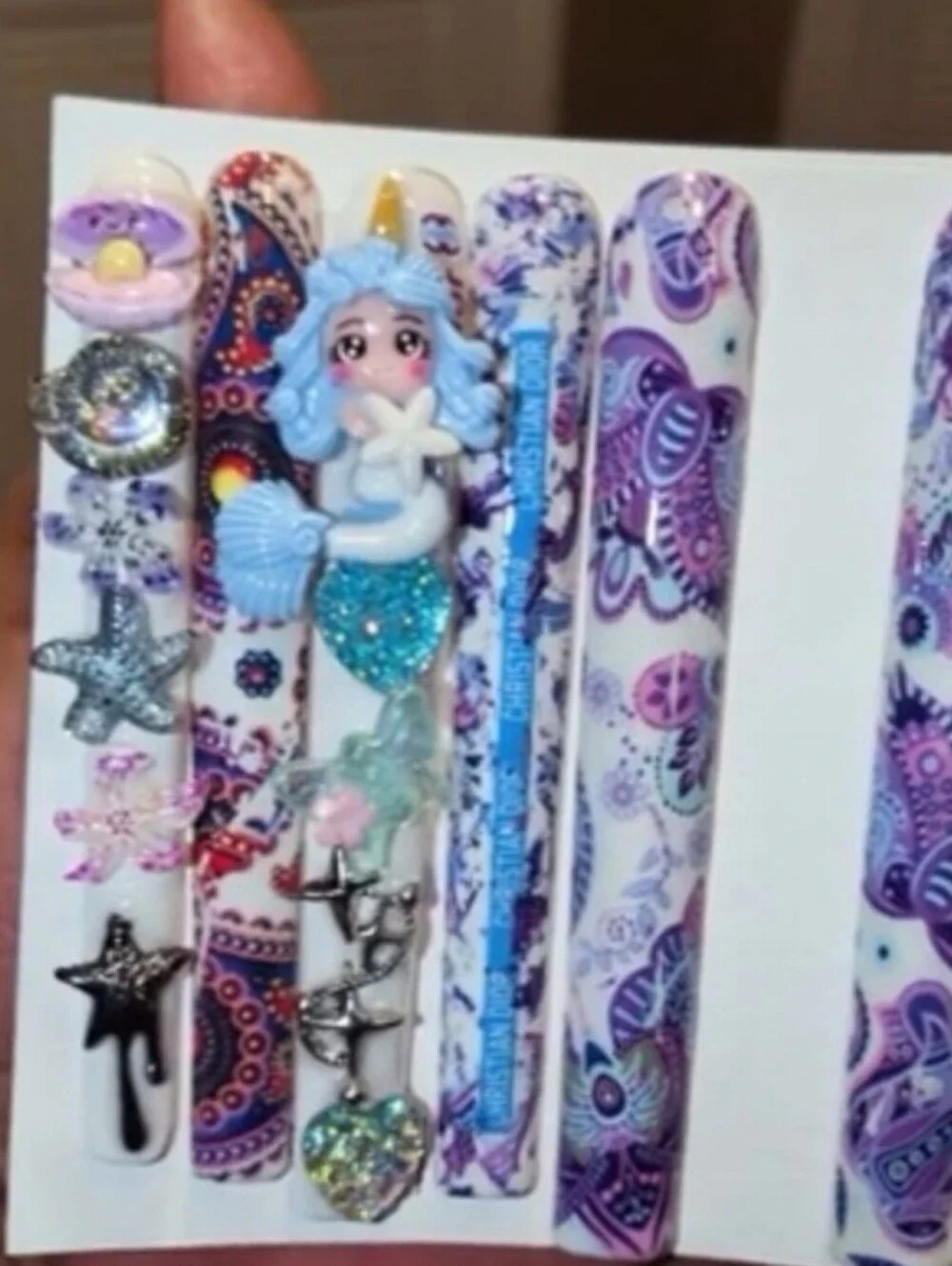 Hand CRAFTED Ladies Mermaid Press On  Nail  Set - Purple & Blue Paisley Sz Large